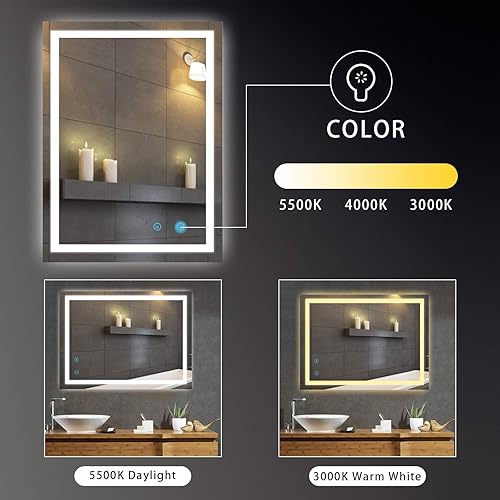 Miniatura 10 de Espejo de tocador LED con luz, espejo inteligente regulable de 24 x 32 pulgadas, espejo antivaho con LED CRI 95+, botón táctil inteligente, luces de