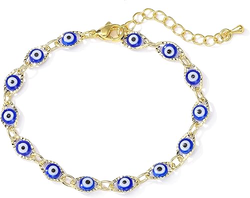 Pulsera chapada en oro de 14 quilates para mujer, joyería de la suerte, pulsera de cadena de ojo azul turco para niñas, regalo de cumpleaños