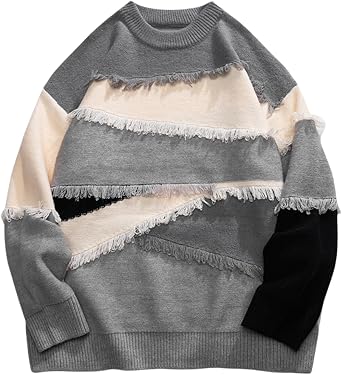 GURUNVANI Patchwork Sweater Mens Colorblock Jumper Unisex Sweater Oversized Ripped Tops
