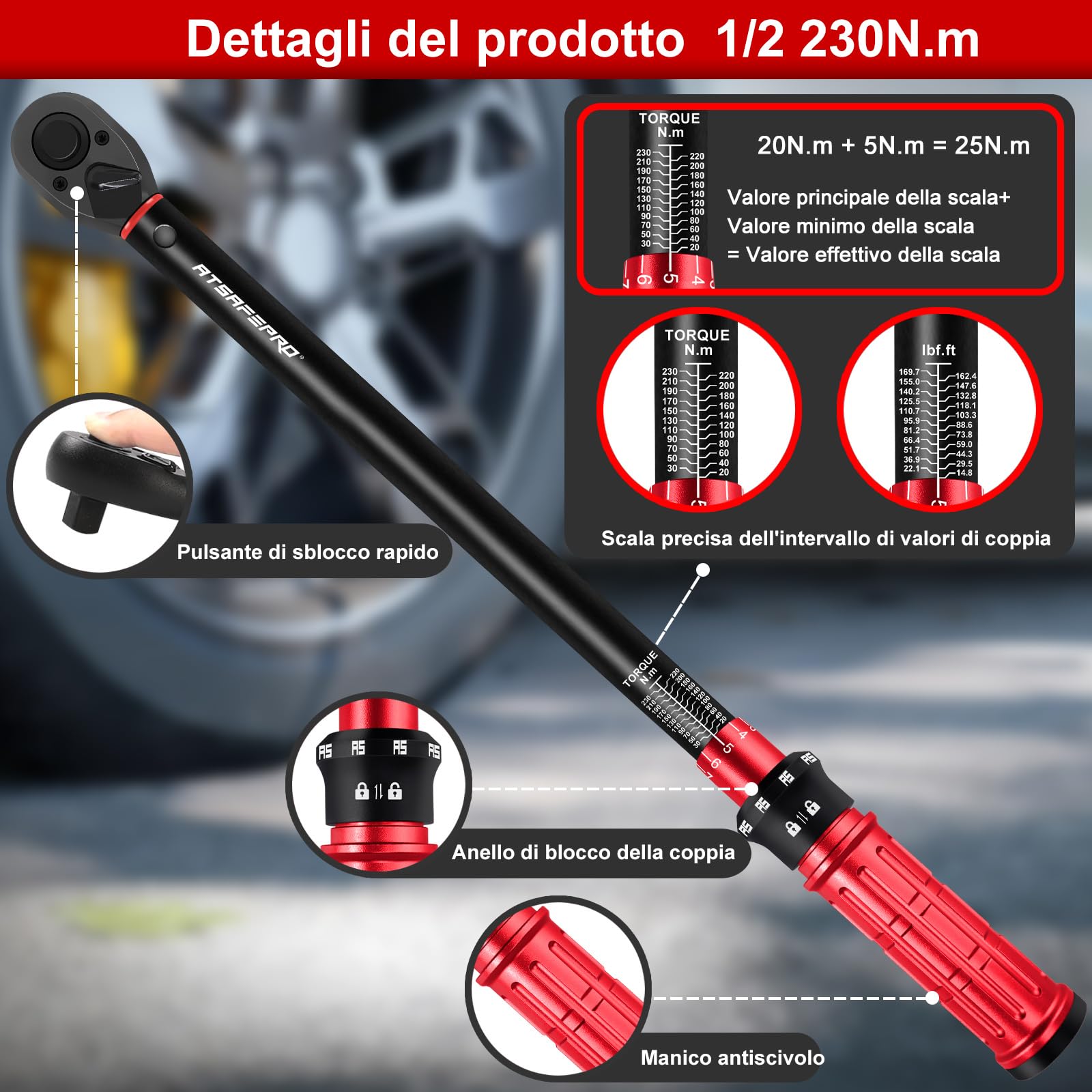 ATsafepro Chiave Dinamometrica Set 1/2'',Chiave Dinamometrica Auto 20-230 Nm/14.8-169.7 lbf.ft，Adattatore da 1/2“ a 3/8'',125mm Barra Prolunga,Precisione ± 3% 72 denti