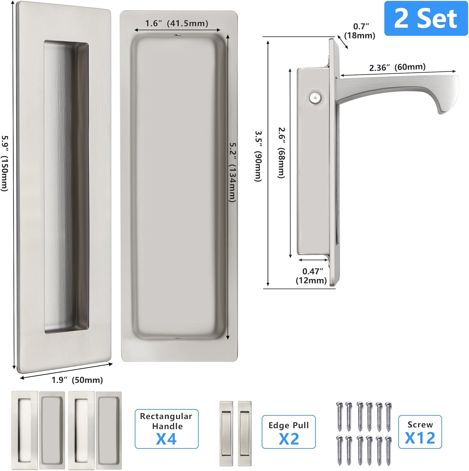 Dontay Sliding Pocket Door Handles, 304 Stainless Steel Non Locking Pocket Door Hardware, Recessed Flush Finger Pulls, Heavy Duty Edge Pull (2 Set, Satin Nickel, 6 Inch)