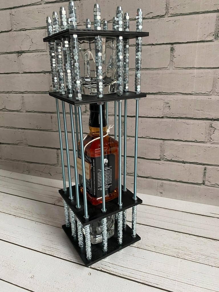Alkohol-Käfig Geschenkset – Holz Puzzle Flaschenkäfig mit 288 Schrauben + 2 Gläsern – Für 0,7 l Flasche (25 cm) – Lustiges Männergeschenk, Zabawa