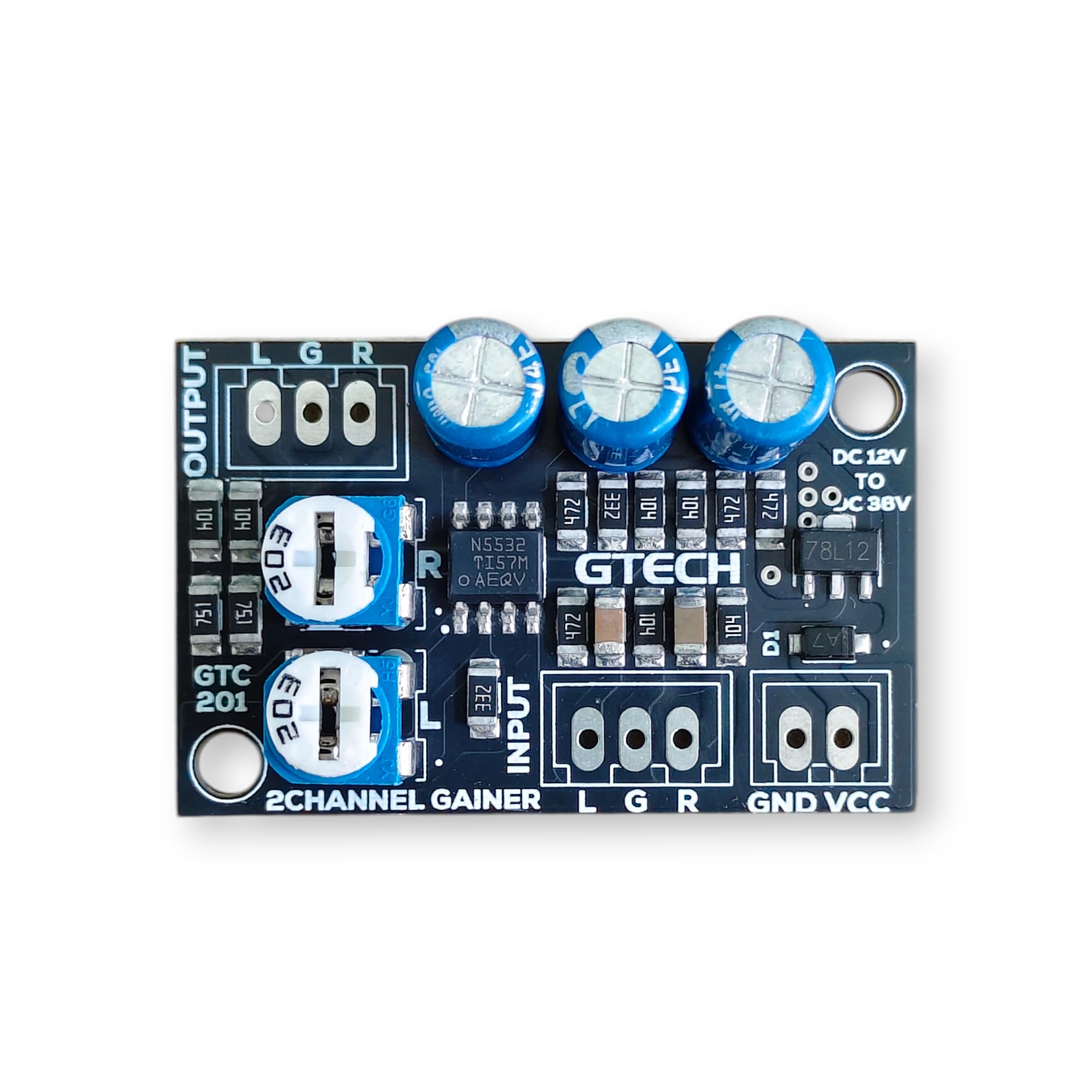 G-TECH 2 Channel Stereo Audio Gainer | 10X Low Volume Sound Booster with Noise Filter | For TV, DTH, USB, AUX, Mobile | 12V–36V DC | Gain Preset | Works with Class D & Class AB Amplifiers-image-3