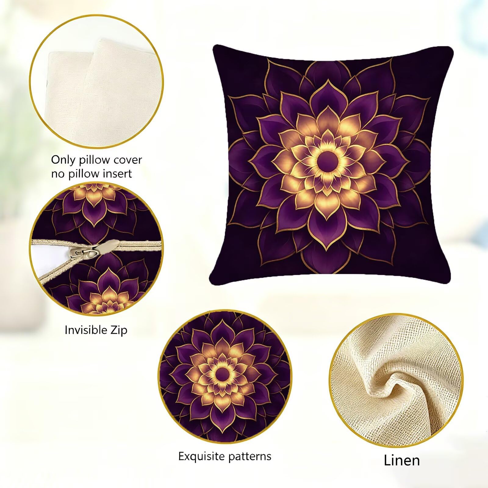 Viola Federe Cuscini Divano 40x40cm, Cuscini da Esterno Set de 4, Cod-41 | Lin Copricuscini Decorativi Letto Arredo, per Letto, Soggiorno, Giardino, Esterno, Casa Decorazione Set di 4 Mandala