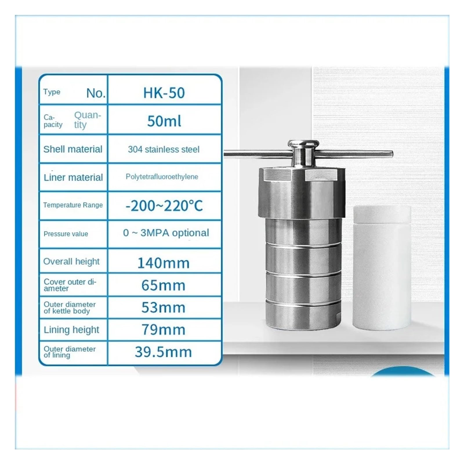 Laboratorium reaktora do syntezy hydrotermalnej Mały reaktor hydrotermalny ze stali nierdzewnej wyłożony PTFE 100 ml(100ml)