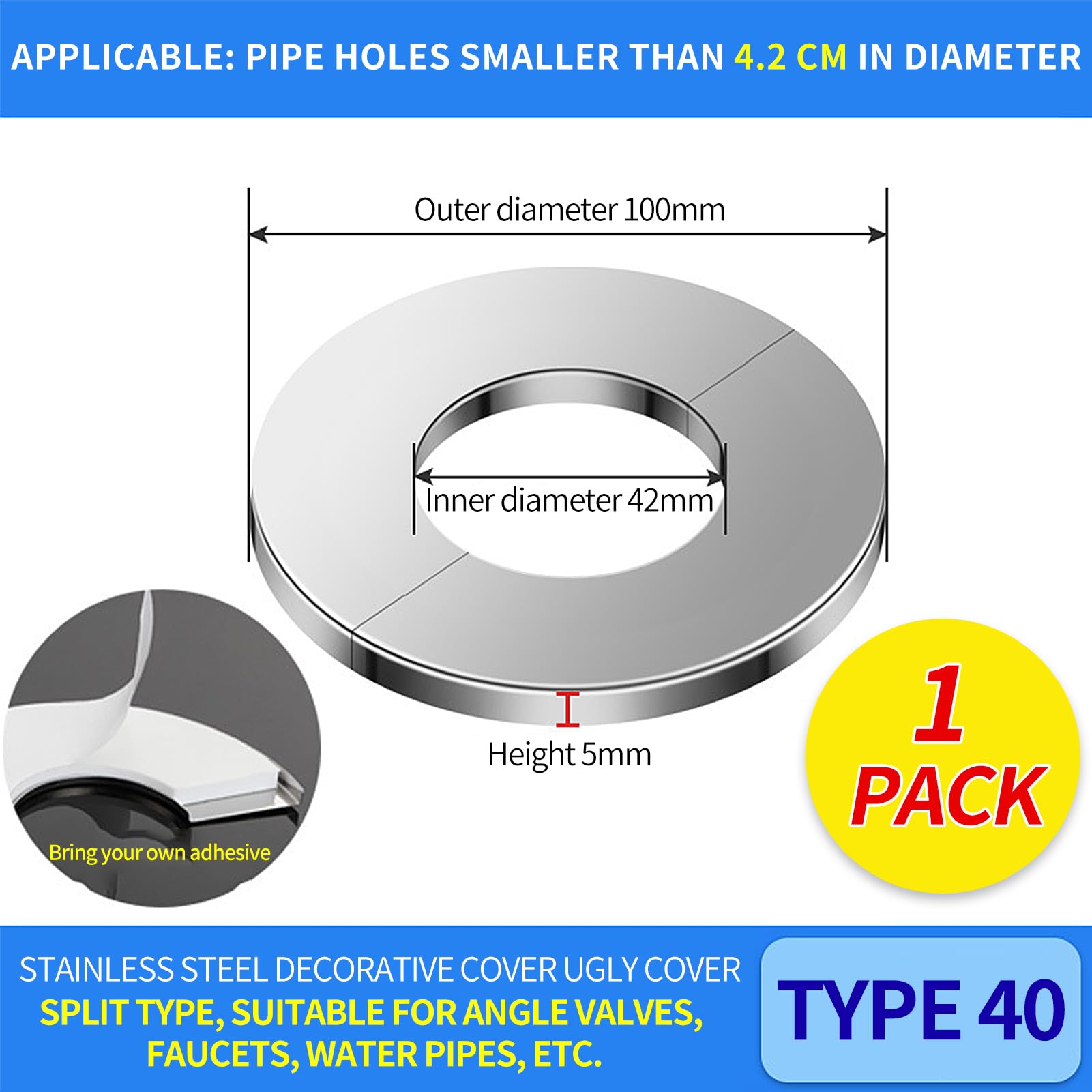 Set di 4 rosette per tubi di riscaldamento, in acciaio inox, 43 mm, impermeabile, motivo diviso, autoadesivo