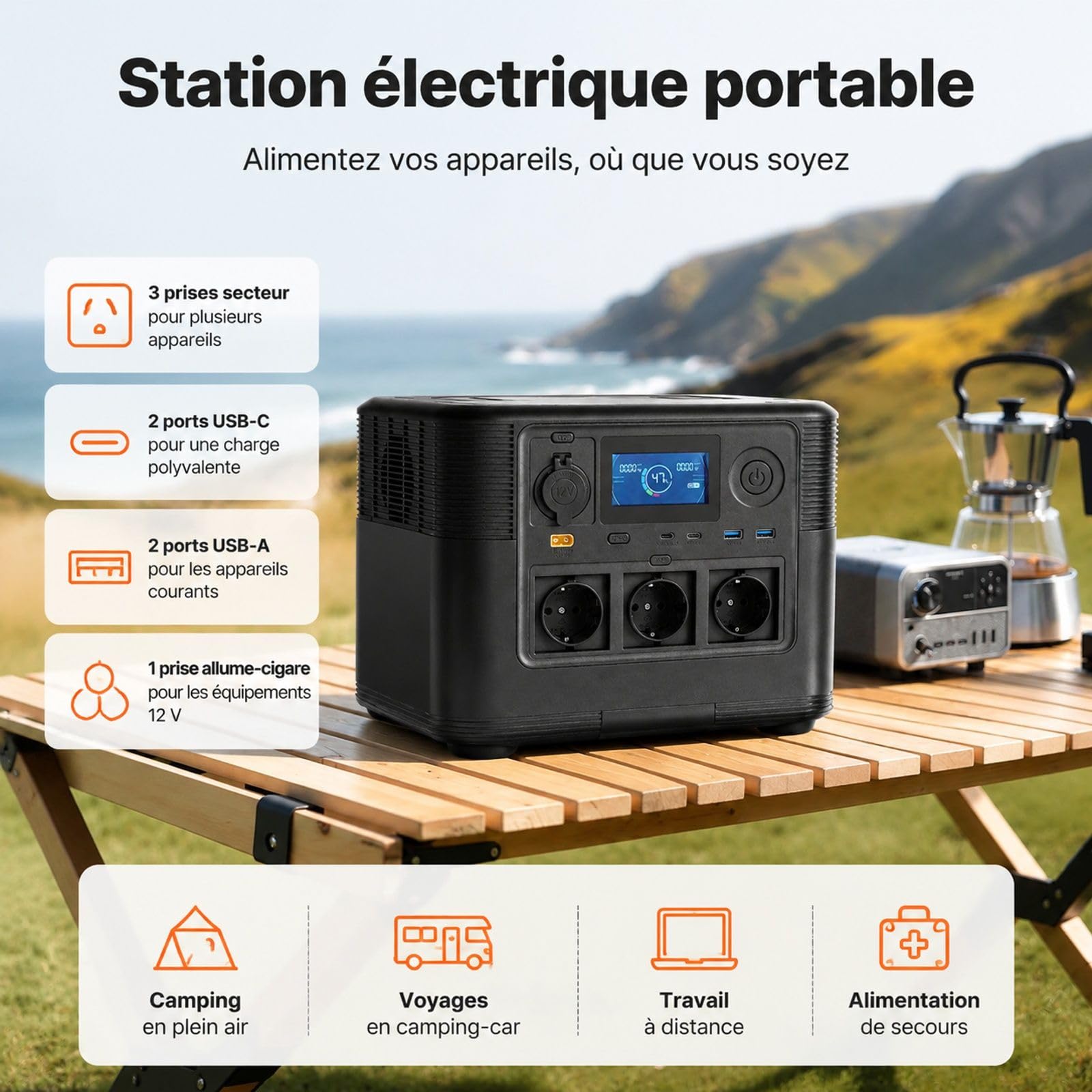 Station électrique portable 1200 W, capacité 806 Wh, 9 sorties, boîtier ABS + PC, pour la maison, le camping et les voyages en camping-car