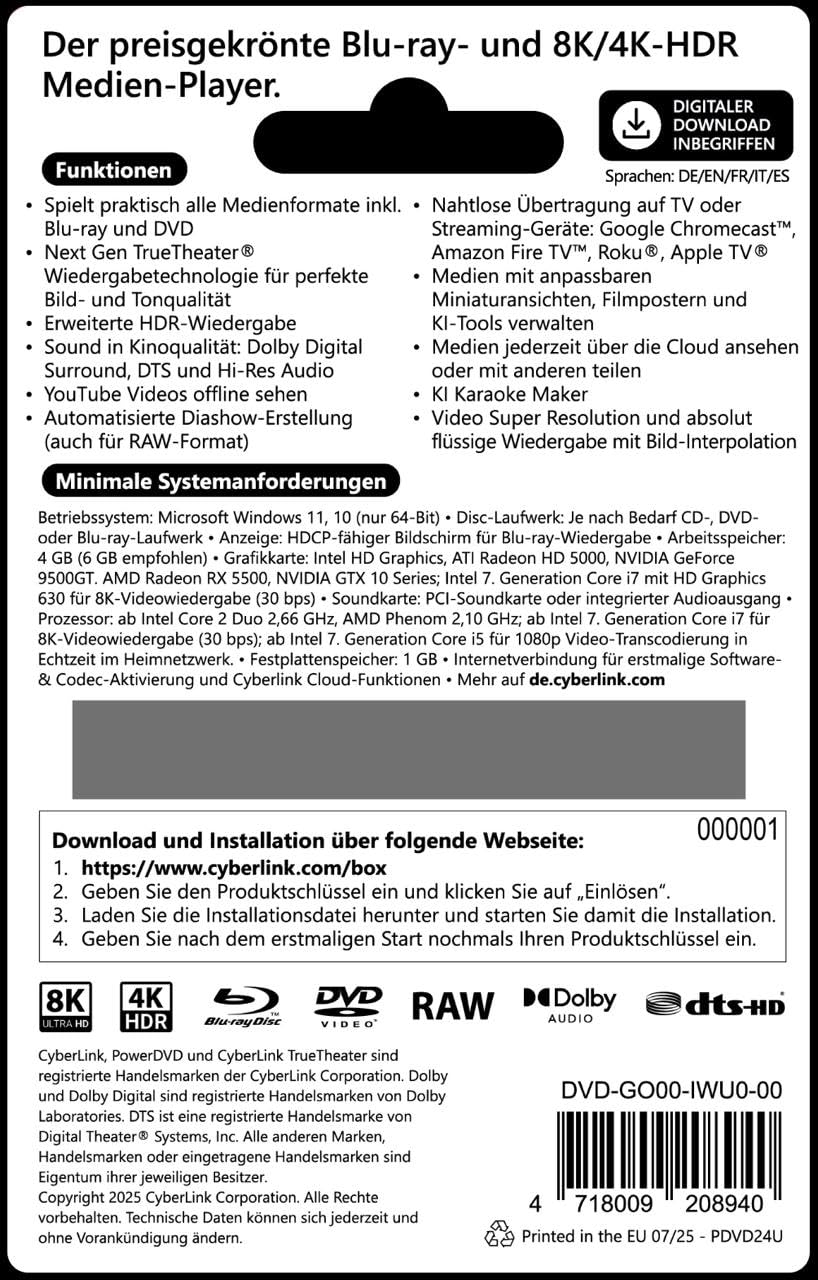 CyberLink PowerDVD 24 Ultra - Preisgekrönter Player für digitale Medien, Blu-ray- und DVD-Disc - Spielt praktisch jedes Dateiformat ab - Dauerlizenz für Windows (ProduktKeyCard) #PKC