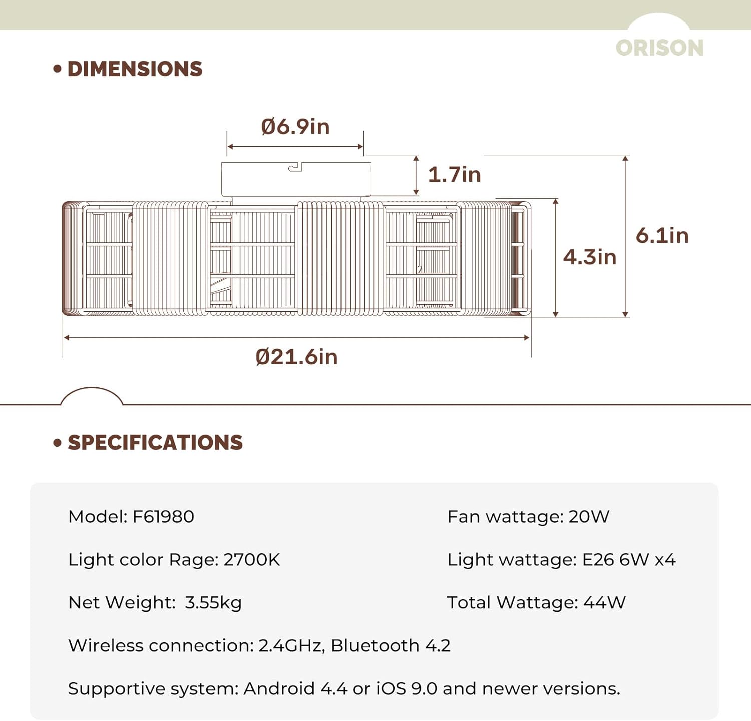 Orison 22" Caged Low Profile Ceiling Fan With Light, Remote, and App Control - Flush Mount, 7 Blades, 6 Speeds, 4 Bulbs