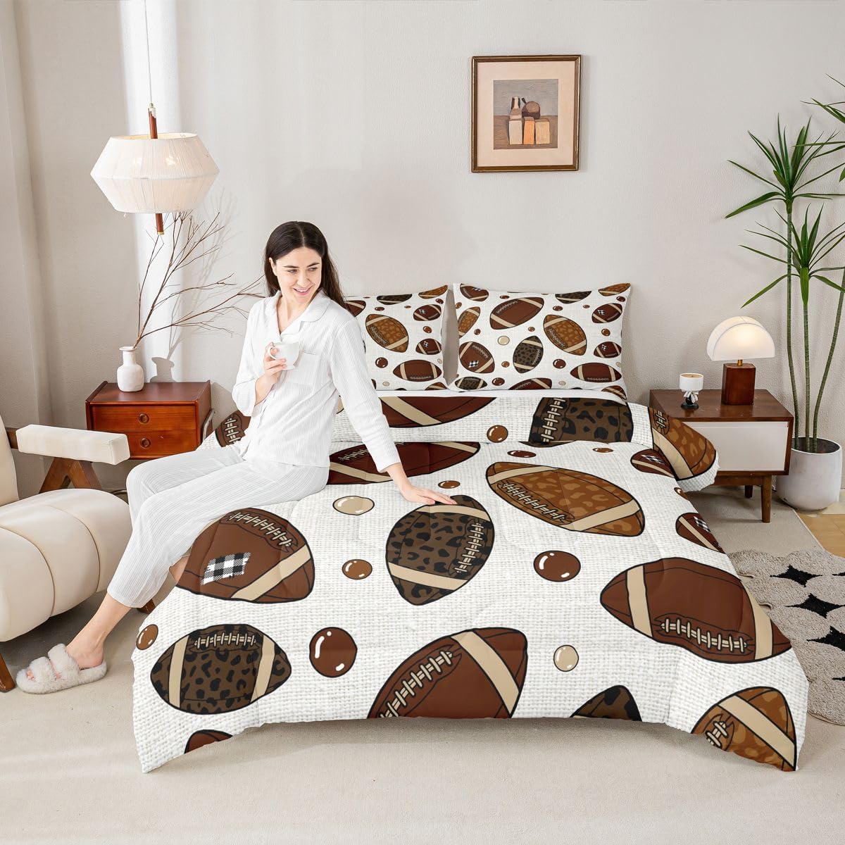 Erosebridal Football Comforter Set Queen Size Rugby Sports Bedding Set for Boys Kids Teens Adults Bedroom Sports Ball Game Comforter Brown Polka Dots Duvet Insert Beige