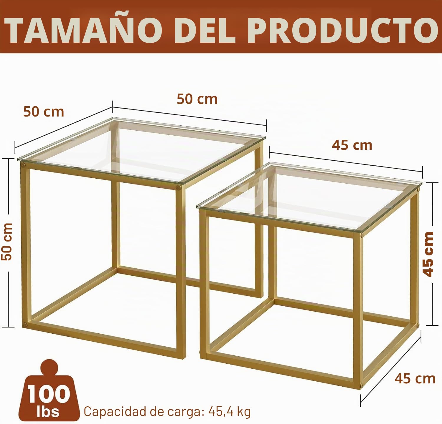 Huhote Juego de 2 mesas auxiliares, mesas auxiliares, mesa auxiliar con marco de metal para salón, dormitorio, balcón, oficina, apartamento, diámetro 50/45 cm (marco dorado, tapa de cristal)