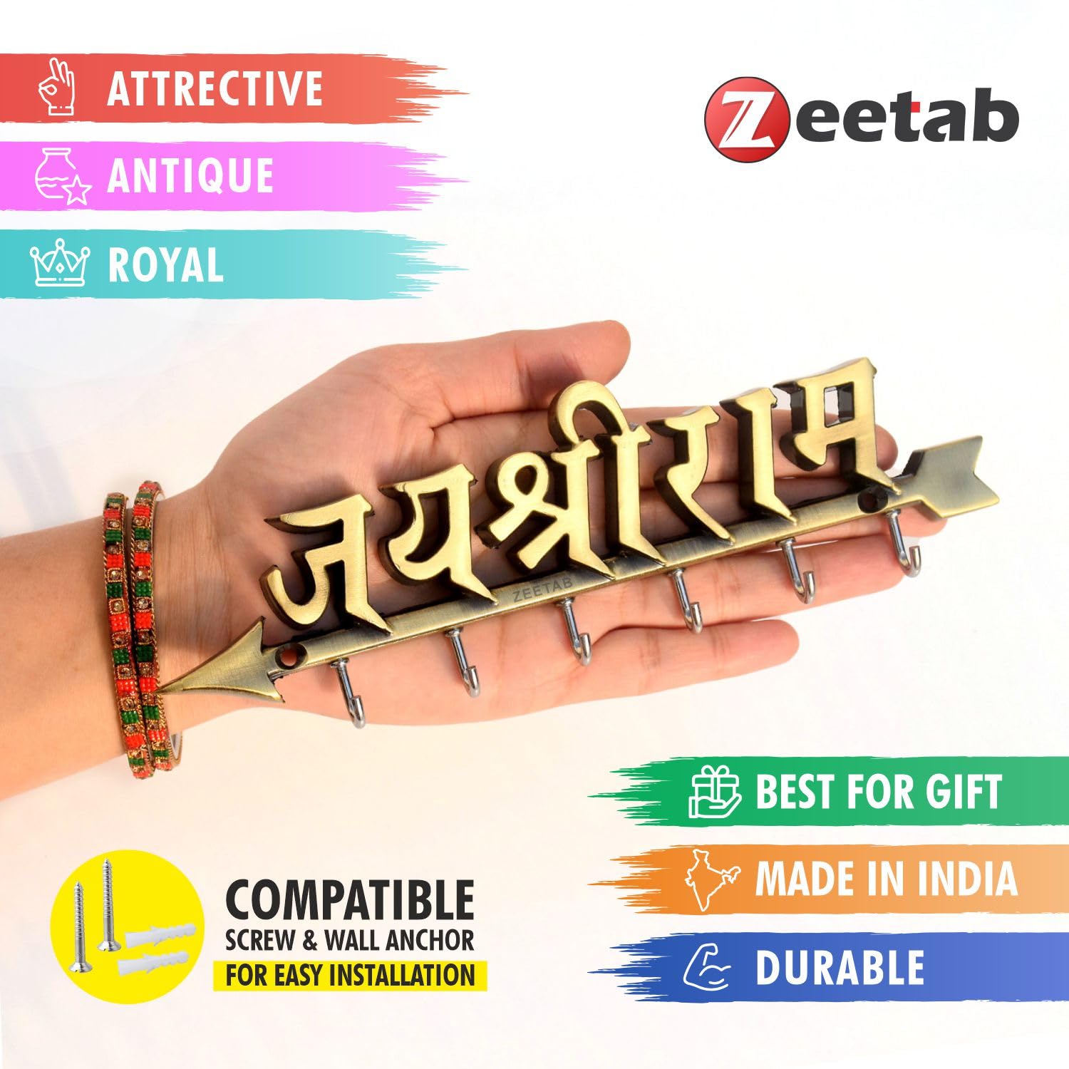 Jai Shri Ram Key Holder - Brass Wall Hook -3