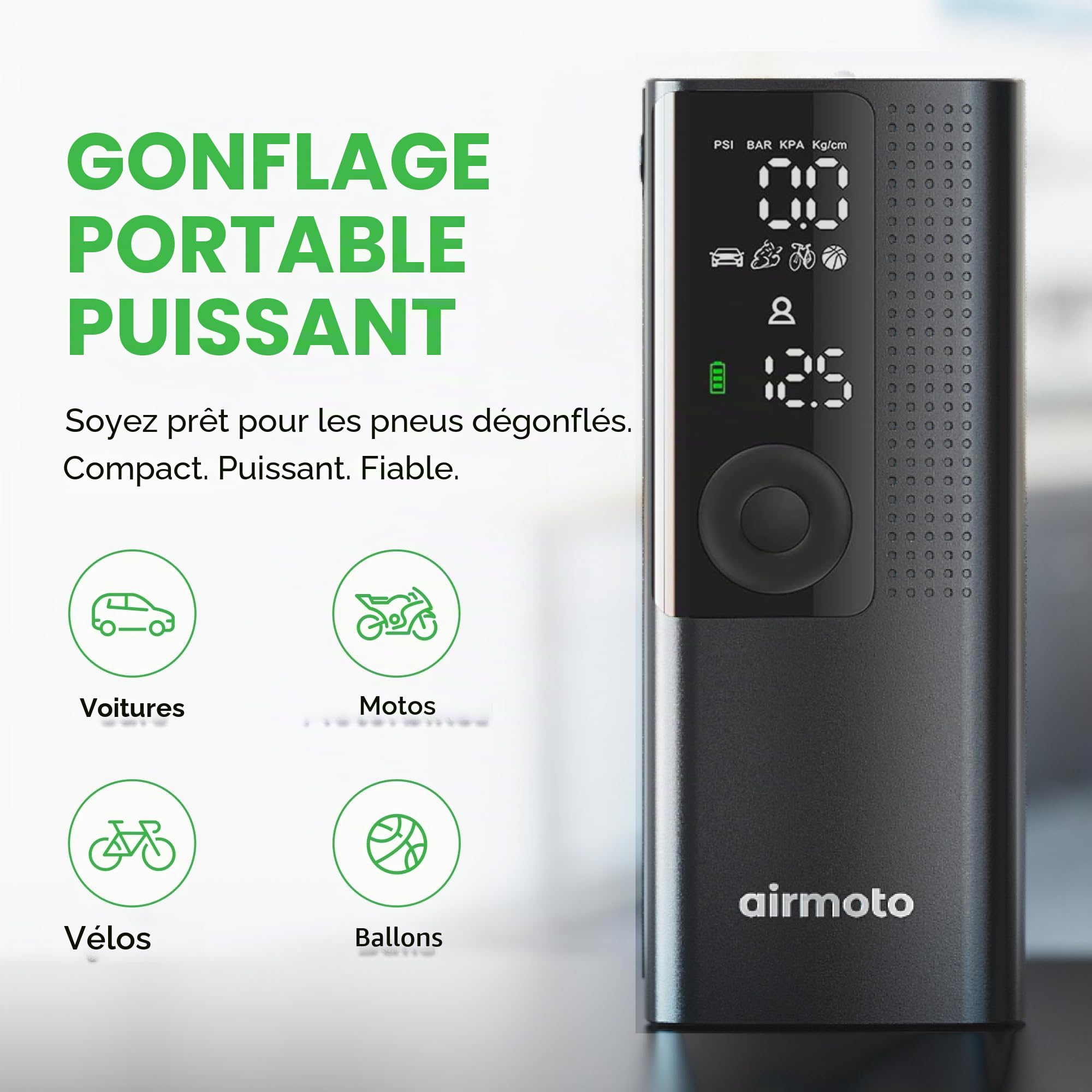 Airmoto Compresseur d'air portable – Pompe intelligente pour voiture, moto, vélo et plus – Comprend un manomètre de pression des pneus