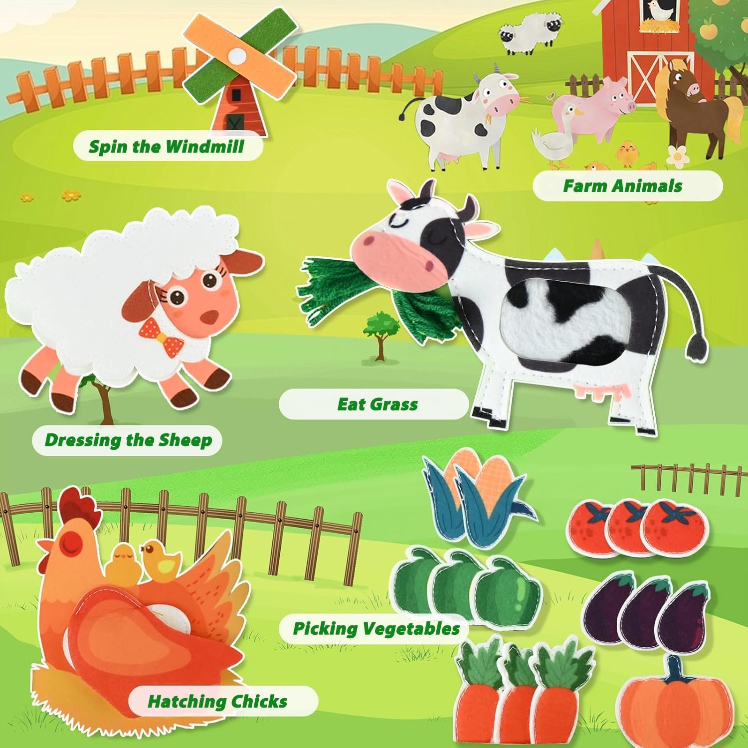 GIOTUK Montessori Felt Quiet Book for Toddlers, Farm Theme Busy Board for 1 2 3 Year Old Kids - Image 3
