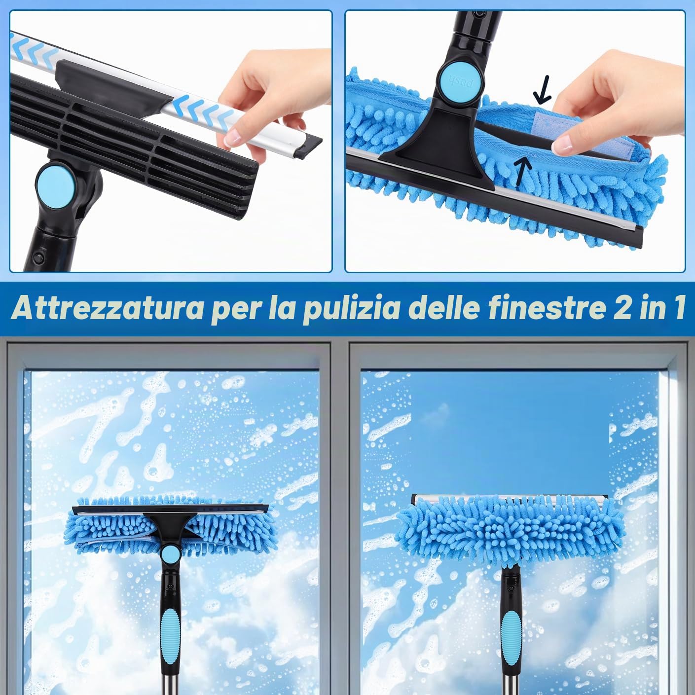 4.3m Pulitore per finestre estensibile, attrezzatura per la pulizia dei vetri delle finestre 2 in 1, strumento telescopico lungo per la pulizia dei vetri delle auto con 2 panni in microfibra e lama