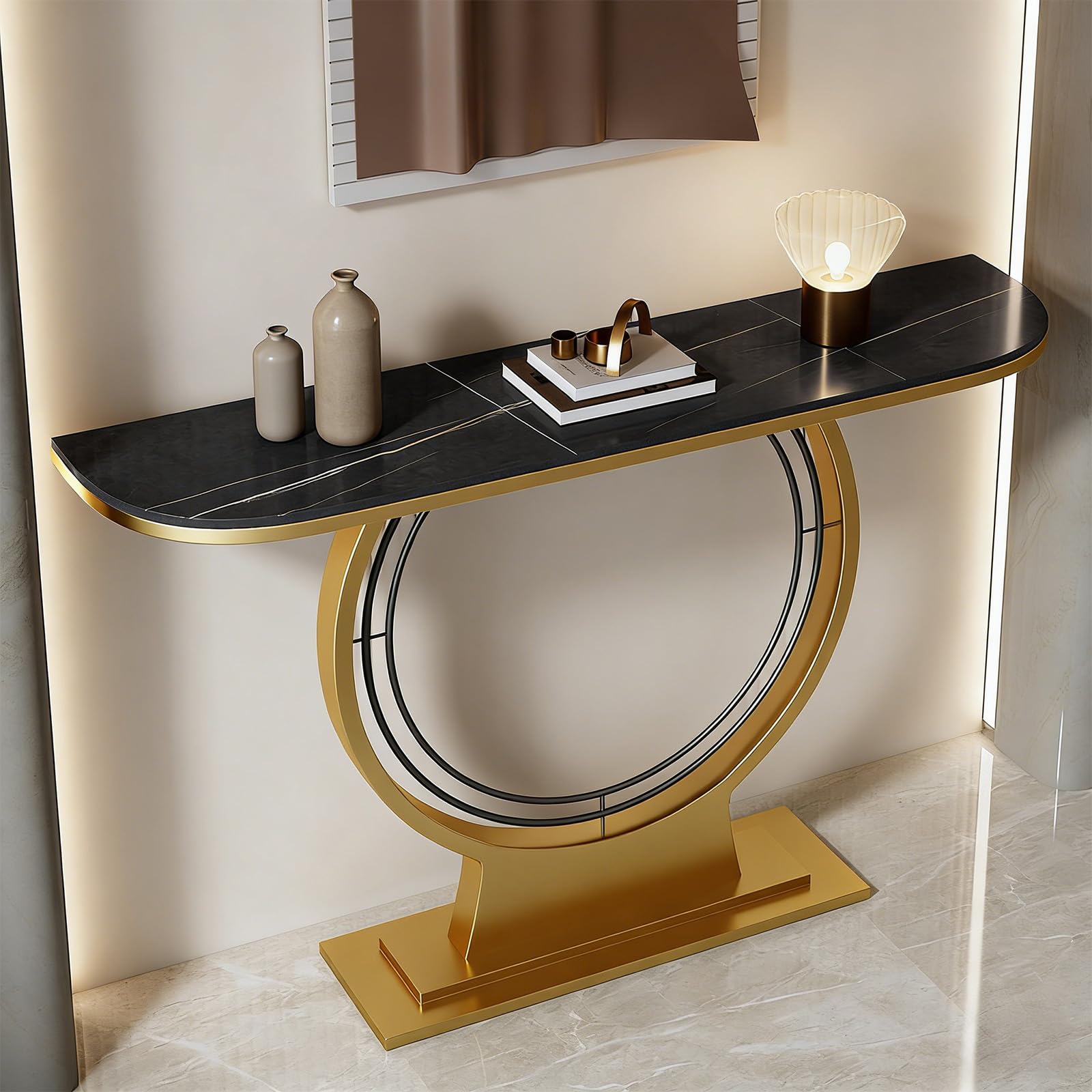 Mesa Consola de Lujo para recibidor, Mesa de Entrada Moderna, Mesa Consola Estrecha de mármol con Base de Metal para Pasillo, Sala de Estar, vestíbulo, 31.5" x 39.4" x 47.2" x 59.1" de Ancho
