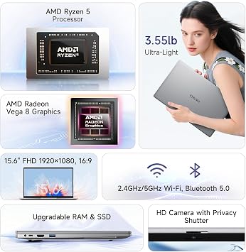 CHUWI 15.6 inch Laptop Computer, AMD Ryzen 5 Laptop, 8GB RAM 256GB SSD