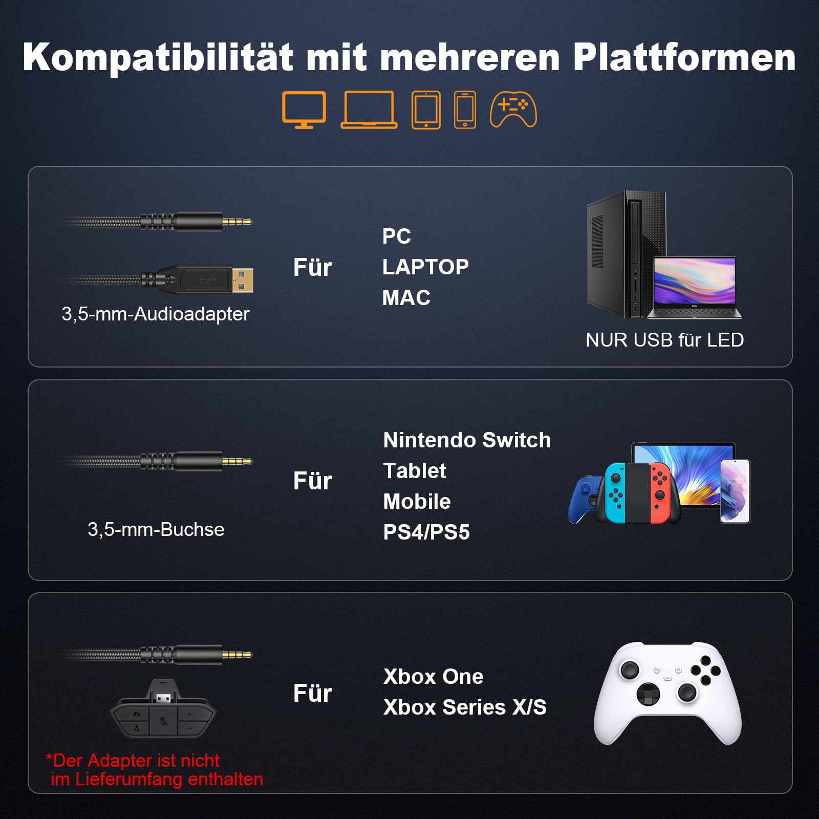 Krysenix PG3 Wired Gaming Headset für PS4, PS5, PC, Xbox, Switch, Gaming Kopfhörer mit Noise Cancelling Mikrofon, 3.5mm Klinke, Surround Sound, Headset mit LED Licht, Tintenschwarz