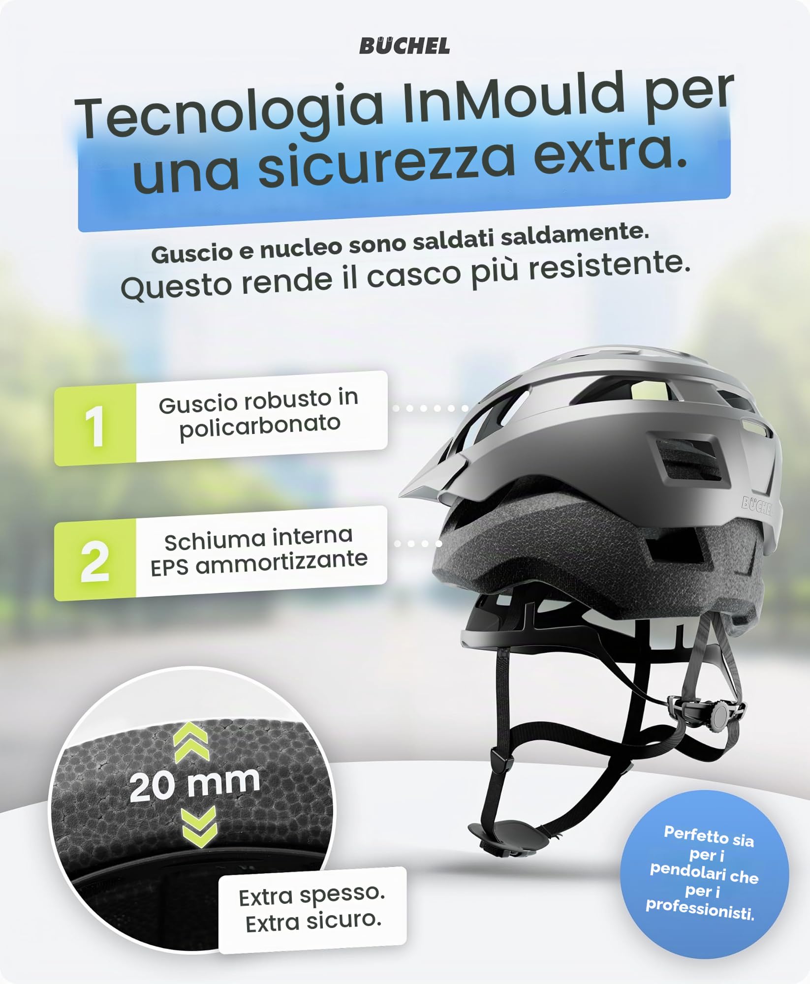 BÜCHEL Casco da bicicletta con tecnologia In-Mould e Cam Lock, casco per bambini, donne e uomini, con sottogola e rete anti-mosca lavabile, casco da bicicletta da 51-56 cm e 57-60 cm, nero, bianco