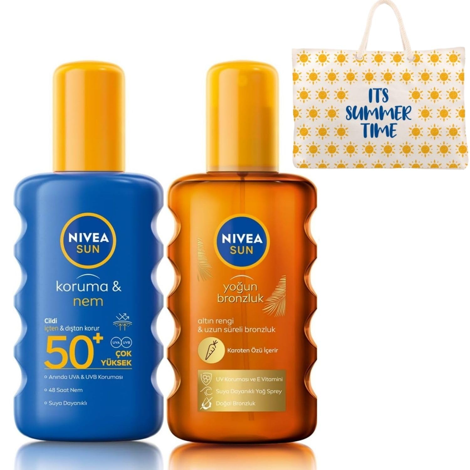 NIVEA Sun SPF 50+ Koruma & 48 Saat Nemlendirme Güneş Kremi Sprey 200 ml ve NIVEA Karoten Özlü Yoğun Bronzlaştırıcı Sprey Güneş Yağı 200 ml