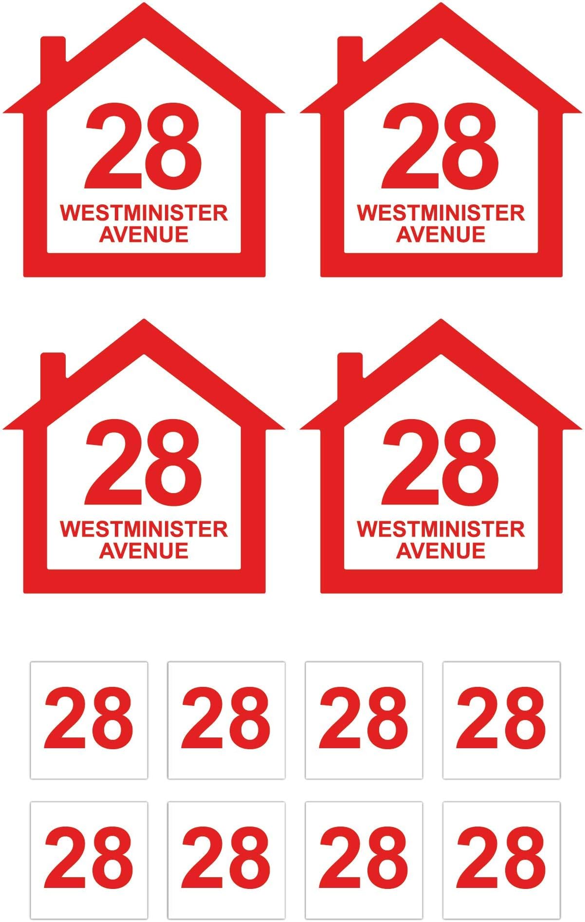 Pack of 12 Personalised Printed Wheelie Bin Number Stickers with House Number And Street Name Recycle and House Style in Red