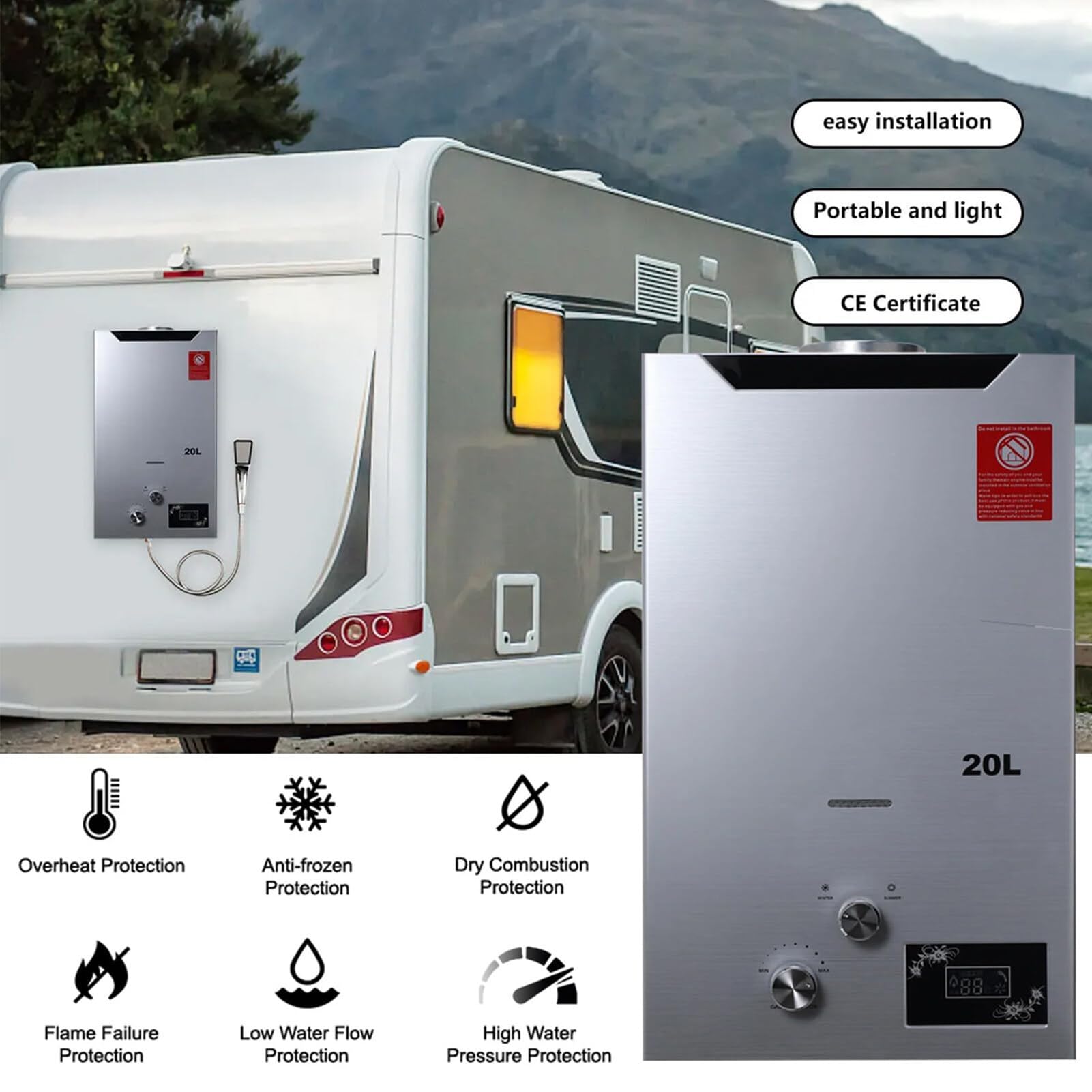 Scaldabagno a gas, scaldabagno GPL da 18 litri, scaldabagno a gas propano senza serbatoio propano, sistema di acqua calda a richiesta for casa, camper e uso esterno - Compatto, facile da installare