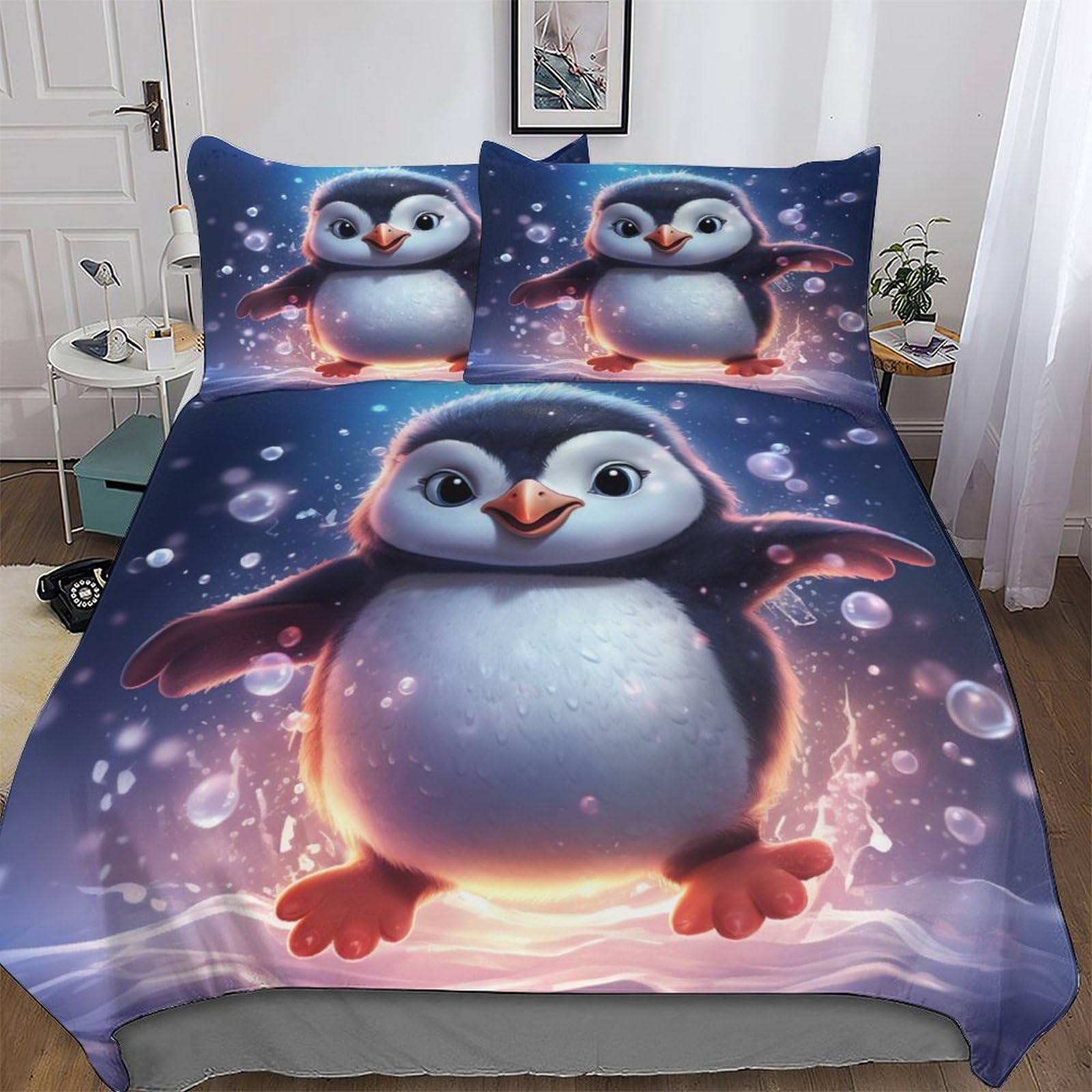 Housse de couette pingouin 3 pièces en microfibre 220x240cm pour lit king size