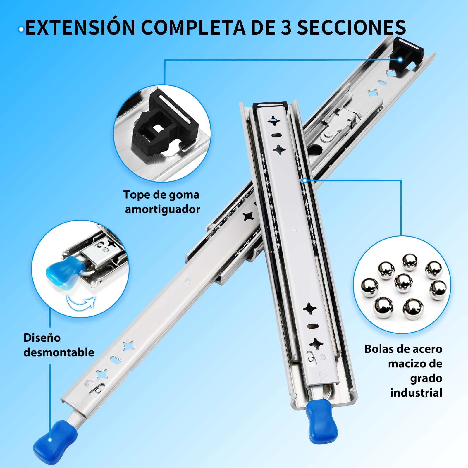 2 rieles de cajón con bloqueo de carga pesada, extracción completa, altura: 53 / L: 900 mm, cerradura 400 500 600 700 800 900 1000 mm, montaje lateral, guías de rodamiento de bolas de 95 kg, 1 par