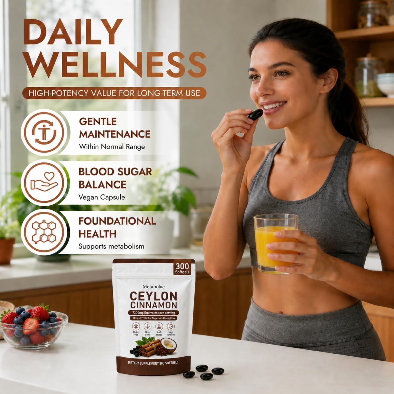 Metabolae Ceylon Cinnamon，7200 mg Equivalent per Serving, Gluten Free, Non-GMO, 300 Softgels