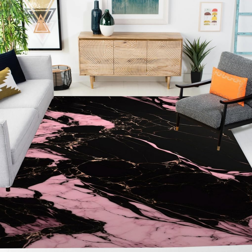 Black Pink Marble Texture Modern Art Deco Rug 4x6 Faux Wool Ultra Washable Carpet for Livingroom Bedroom Diningroom Soft Indoor Outdoor Area Rugs