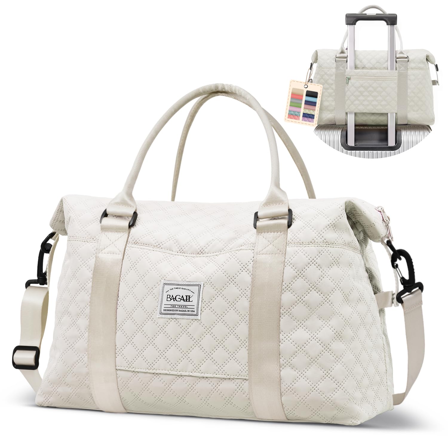 BAGAIL Travel Duffel Bag, Weekender Bags, Overnight Gym Carry On Tote Bag with Wet Pocket, Hospital Mom Bag for Labor and Delivery - Grid-Ivory