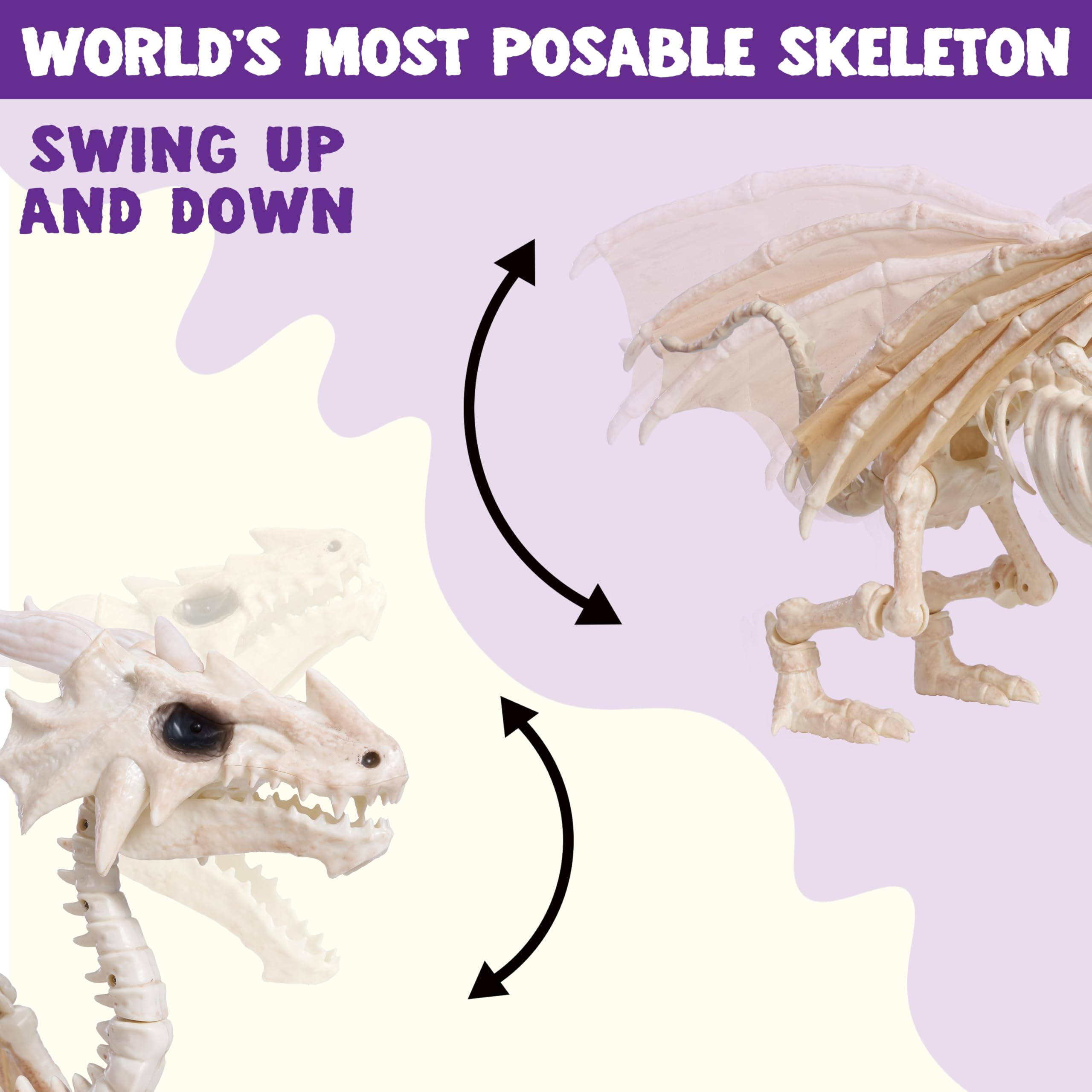 JOYIN Dragon Skeleton Halloween Decoration 23.6 inch ryczący smok ze skrzydłami LED przegubowe stawy animatroniczny ruch aktywowany ruchem zwierzęcym szkieletem dla