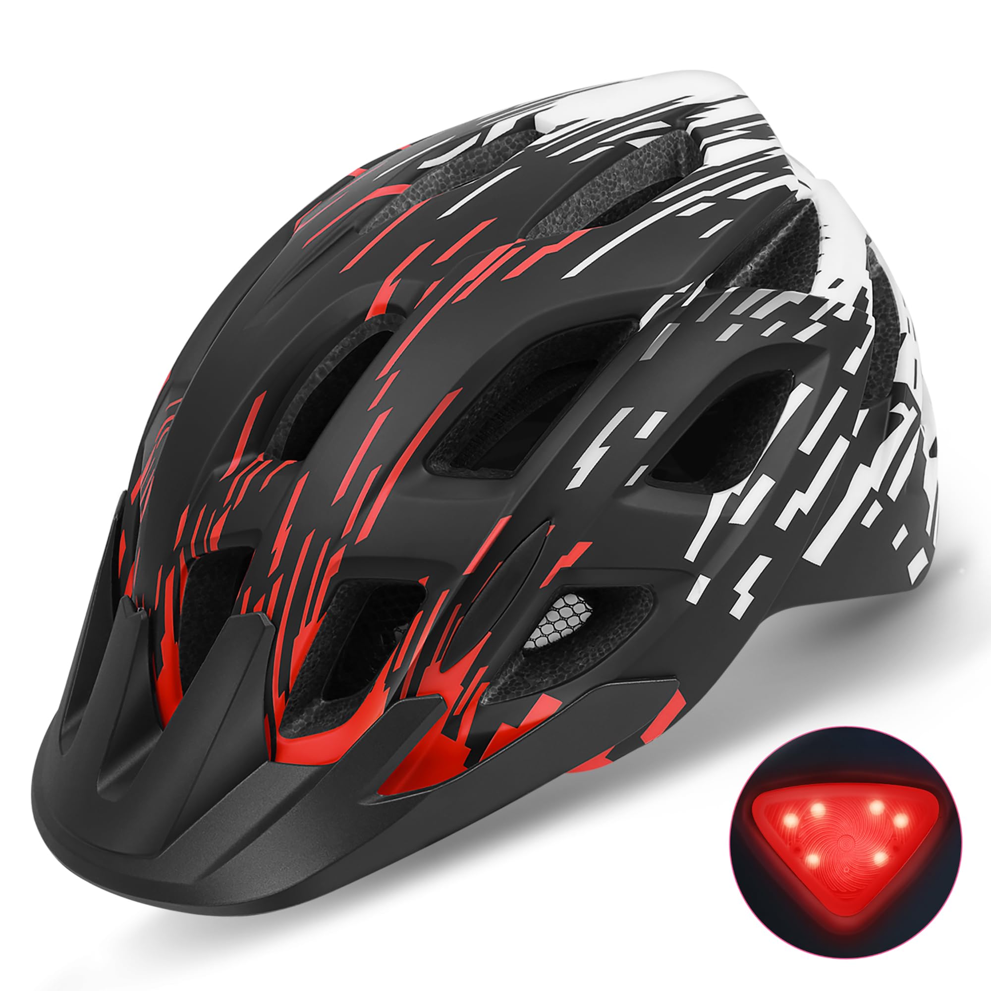Fahrradhelm Erwachsene mit Visier und LED, 21 Belüftungsöffnungen, Fahrradhelm Damen, Mountain- und Rennradhelm für Herren und Damen, verstellbare Größe 57–61 cm