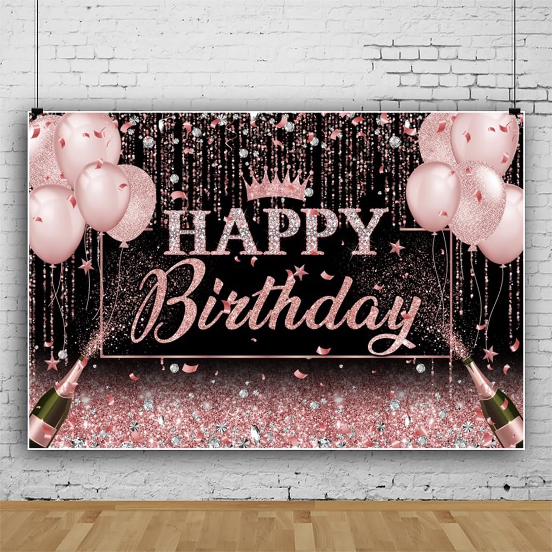 6x3m Sfondo di compleanno in paillettes glitterate per ragazze Rosa rosa Corona Palloncino Champagne Diamanti scintillanti sfondo fotografico Decorazioni per il compleanno della neonata