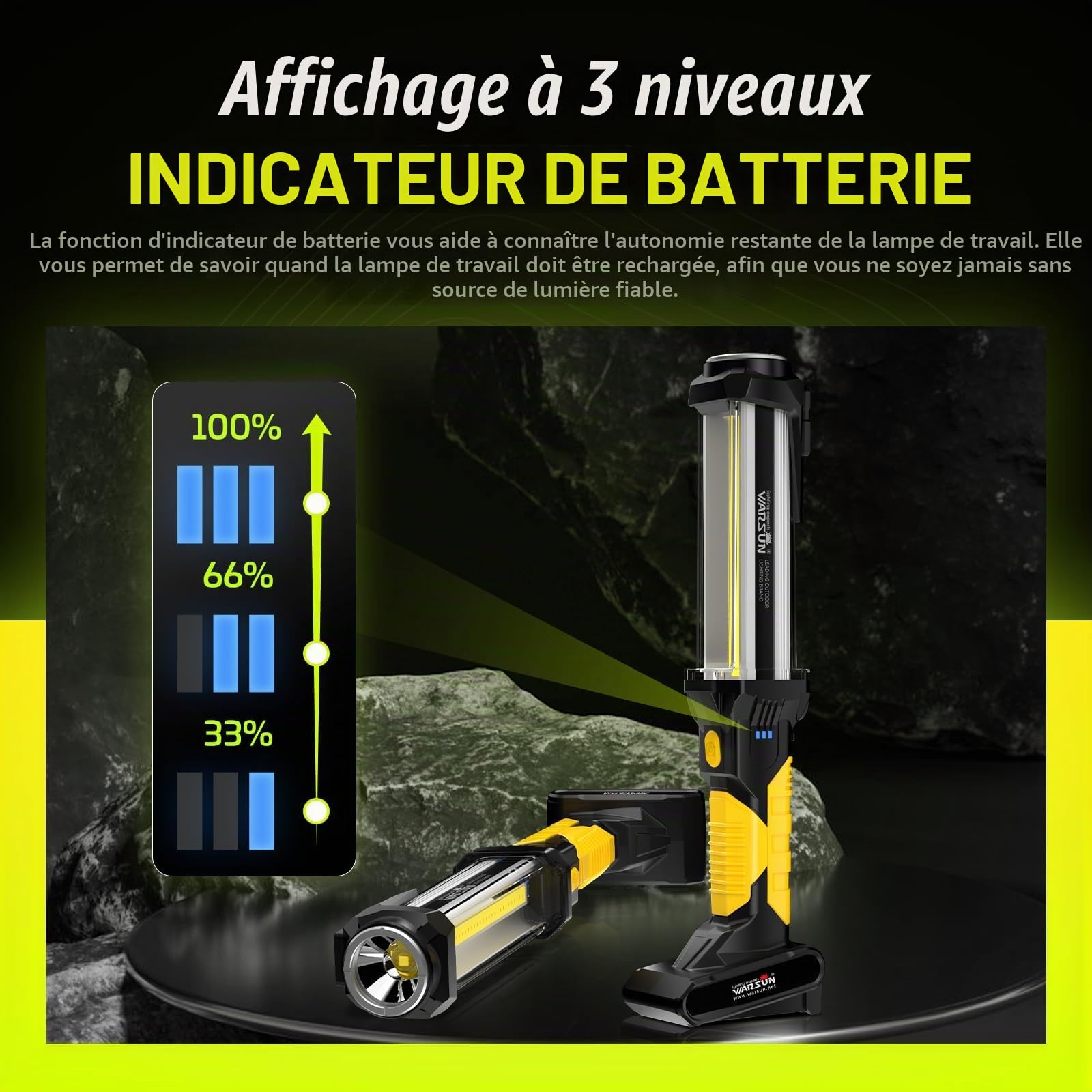 WARSUN Lampe Mecanicien 1500 Lumens Sans fil [Classe A+++], Lampe de Travail Rechargeable COB avec Base Magnétique/Crochet - Baladeuse LED Puissante pour Garage, Jaune