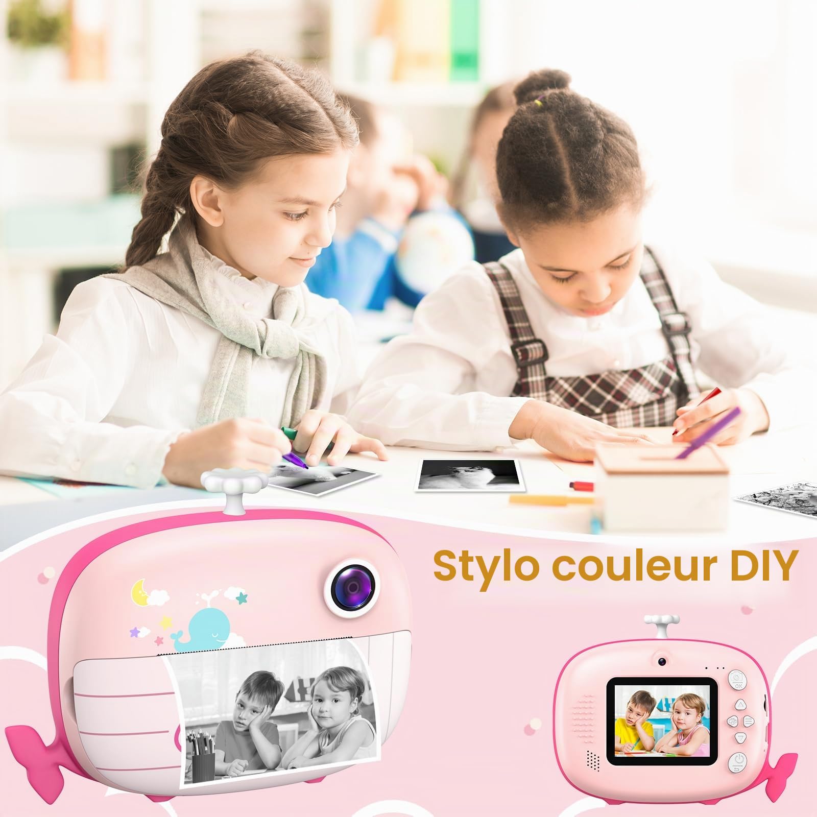 Ushining Appareil Photo à Impression Instantanée pour Enfants, 1080P Appareil Photo Numérique Enfant avec Écran de 2,4 Pouces Papier d'impression Carte TF 32 Go, Cadeau pour Filles Garçons 3-14 Ans