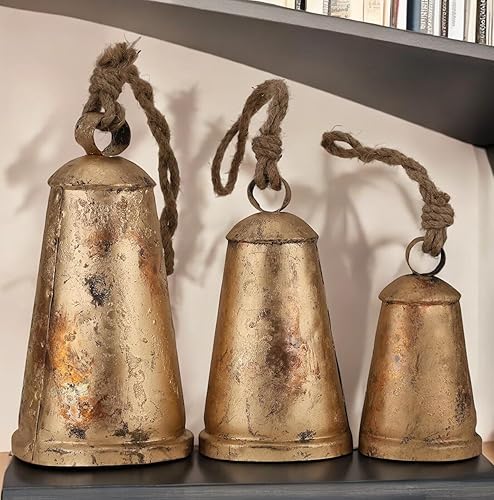 Miniatura 8 de Juego de 3 campanas de vaca colgantes rústicas gigantes, estilo vintage, con cuerda de yute para pomo de puerta, campanas de bruja para protección