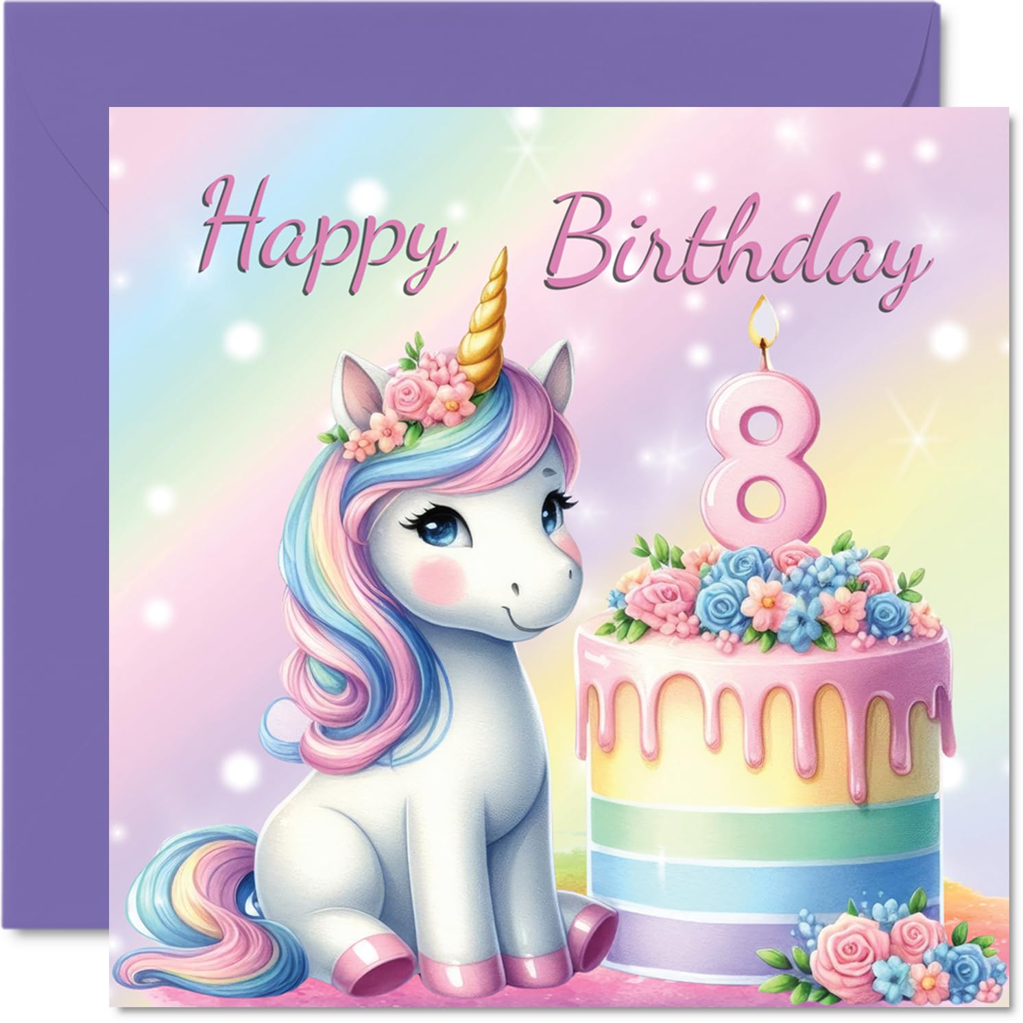 8th Birthday Cards for Girls - Unicorn Cake - Happy Birthday Card for 8 Year Old Girl Step Daughter Goddaughter Granddaughter Great Niece, 145mm Bday Greeting Cards