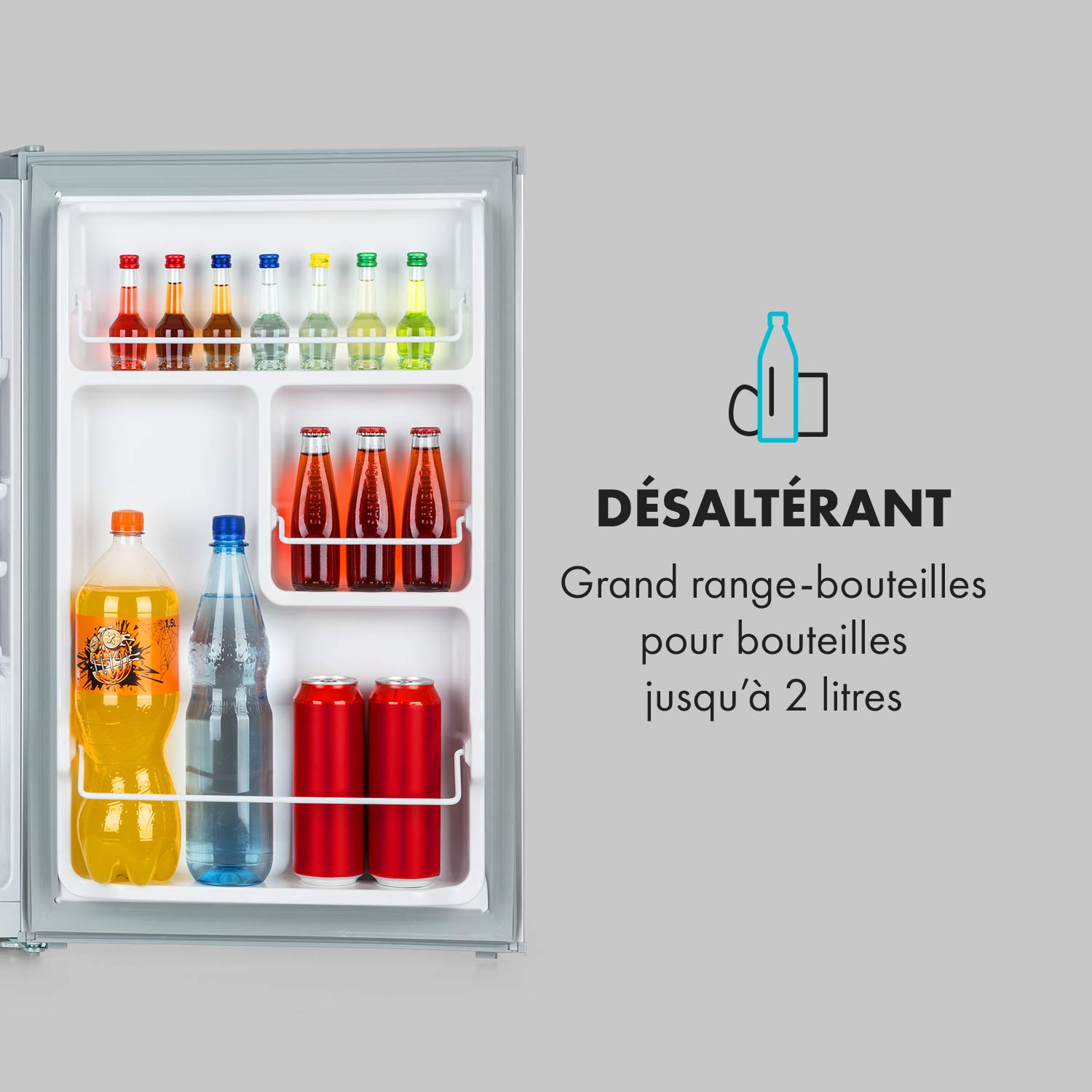 Klarstein Delaware Kühlschrank, 76 Liter Fassungsvermögen, 2 flexible Glasböden, Gefrierfach: 4 Liter, Flaschenfach bis 2 Silber/Grau