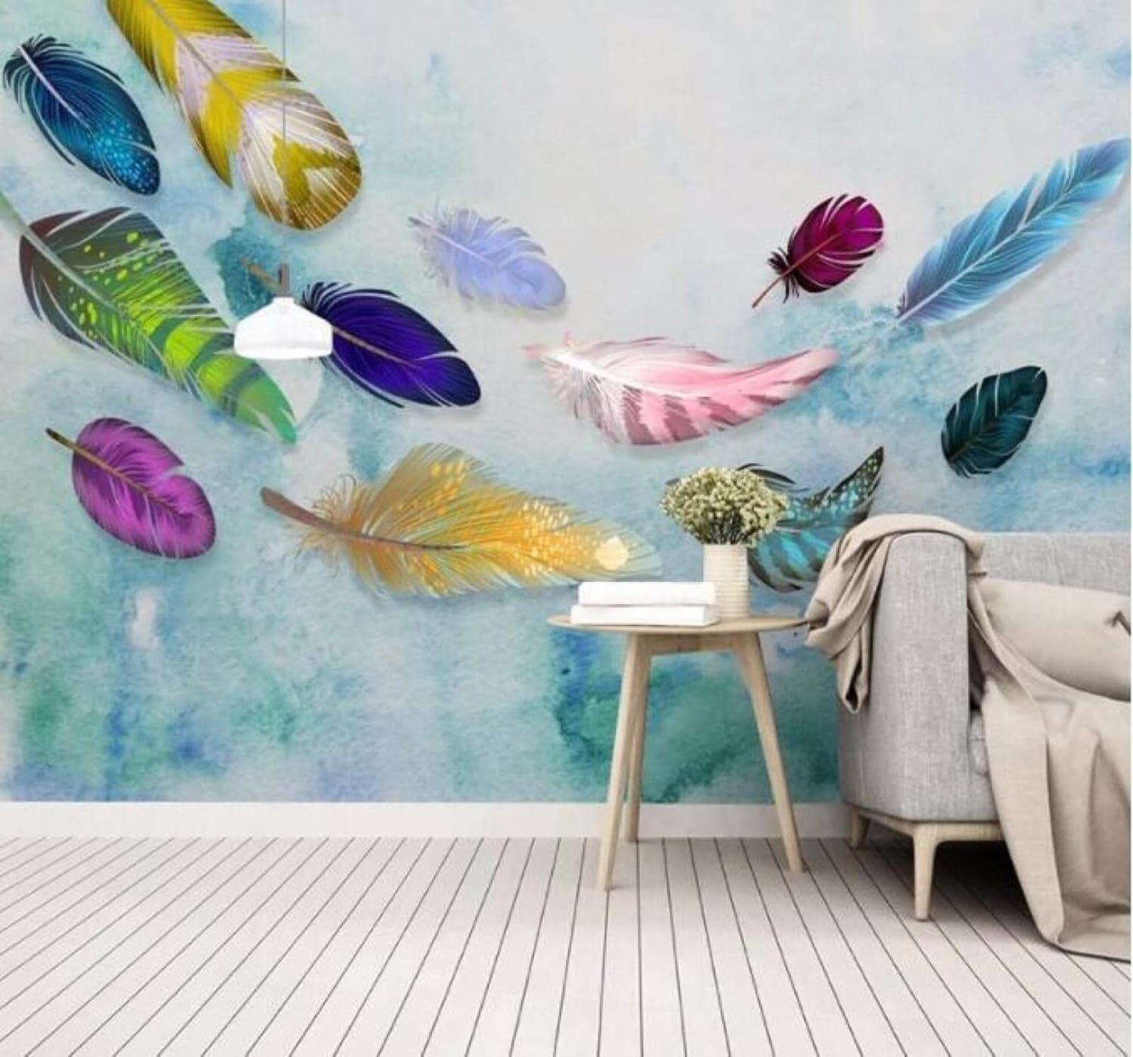 Xlming 350Cm×256Cm(B×H) Creative Hand Drawn Watercolour Colourful Feathers 3D Wallpaper Luxury Home Dining Decor Paste Sofa Living Room The Wall For Bedroom Mural-350Cm×256Cm