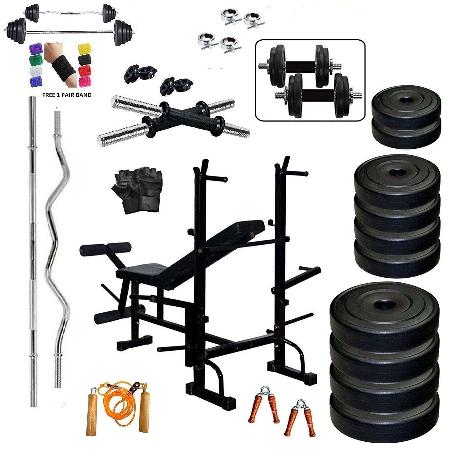 Body Maxx 8 in 1 Bench, Home Gym Package of 40 kg Rubber Plates with 5ft Plain and 3ft Curl Rod for Dumbbell-image-31