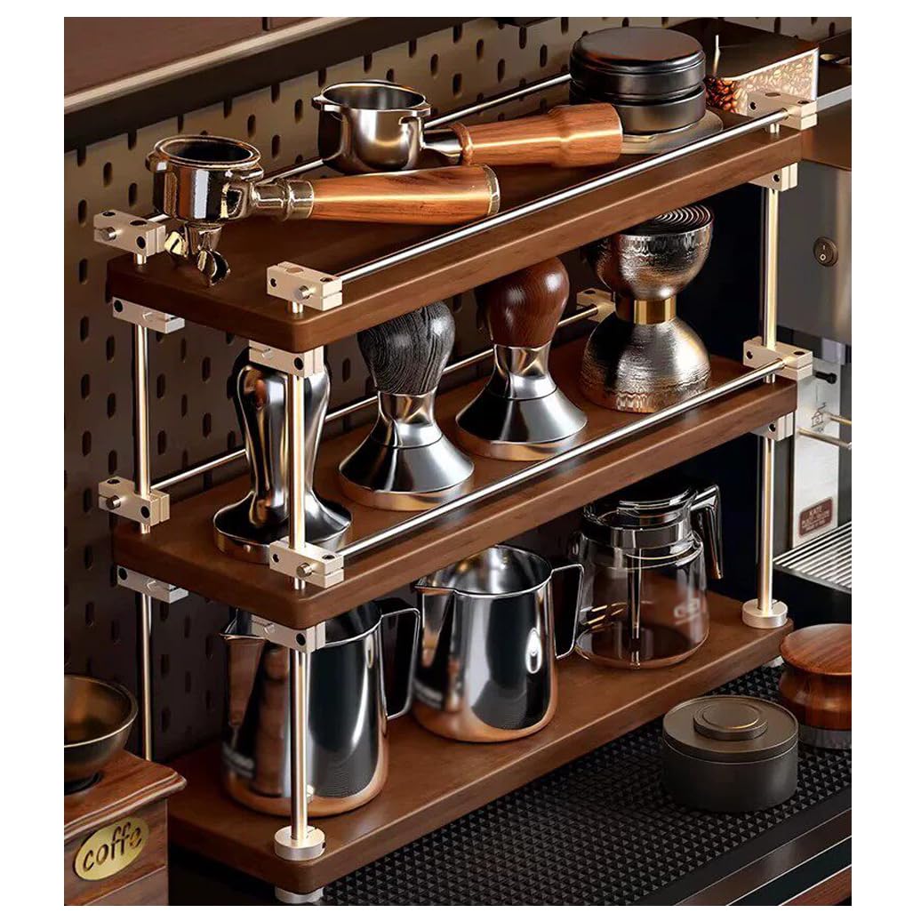 QDZC Multi-Layer Coffee Storage, 3 Tier Coffee Mug Display Rack, Wooden Tea Cup Holder, Countertop Solid Wood Storage Cabinet,Kitchen Counter Shelf brown