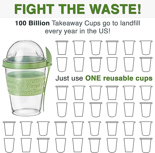 Miniatura 5 de Tazas de yogur para desayuno, avena o fruta, cuenco y cuchara para lonchera, portátil y reutilizable, 2 unidades (verde y amarillo)