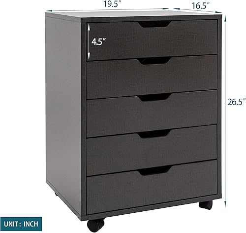 Miniatura 3 de Anwick Archivador de 5 cajones, gabinete de 5 cajones de madera, polea de oficina, gabinete de almacenamiento de archivos movible, gabinete bajo