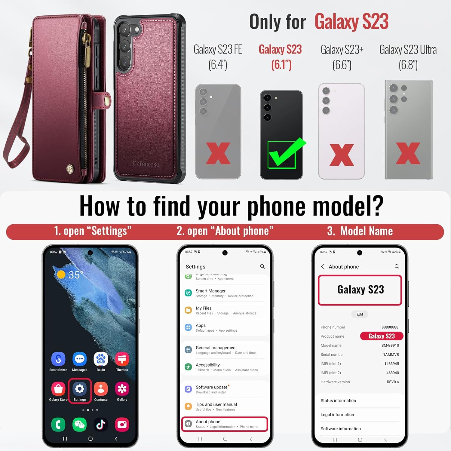 Defencase for Galaxy S23 Magnetic Wallet Case Compatible with Magsafe with RFID Blocking Zipper & Card Holder for Women Men, PU Leather Detachable Phone Case for Samsung Galaxy S23 5G 6.1", Wine Red