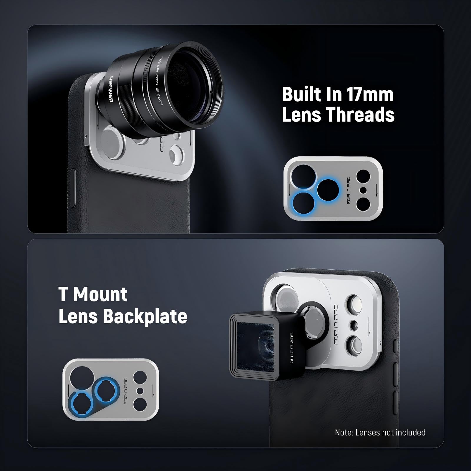 NEEWER Etui na telefon komórkowy 17 Pro, modułowe, TPU/PC, etui na telefon komórkowy z filtrem gwintowanym 67 mm, tylną płytką obiektywu 17 mm, adapter obiektywu T, etui na telefon kompatybilne z