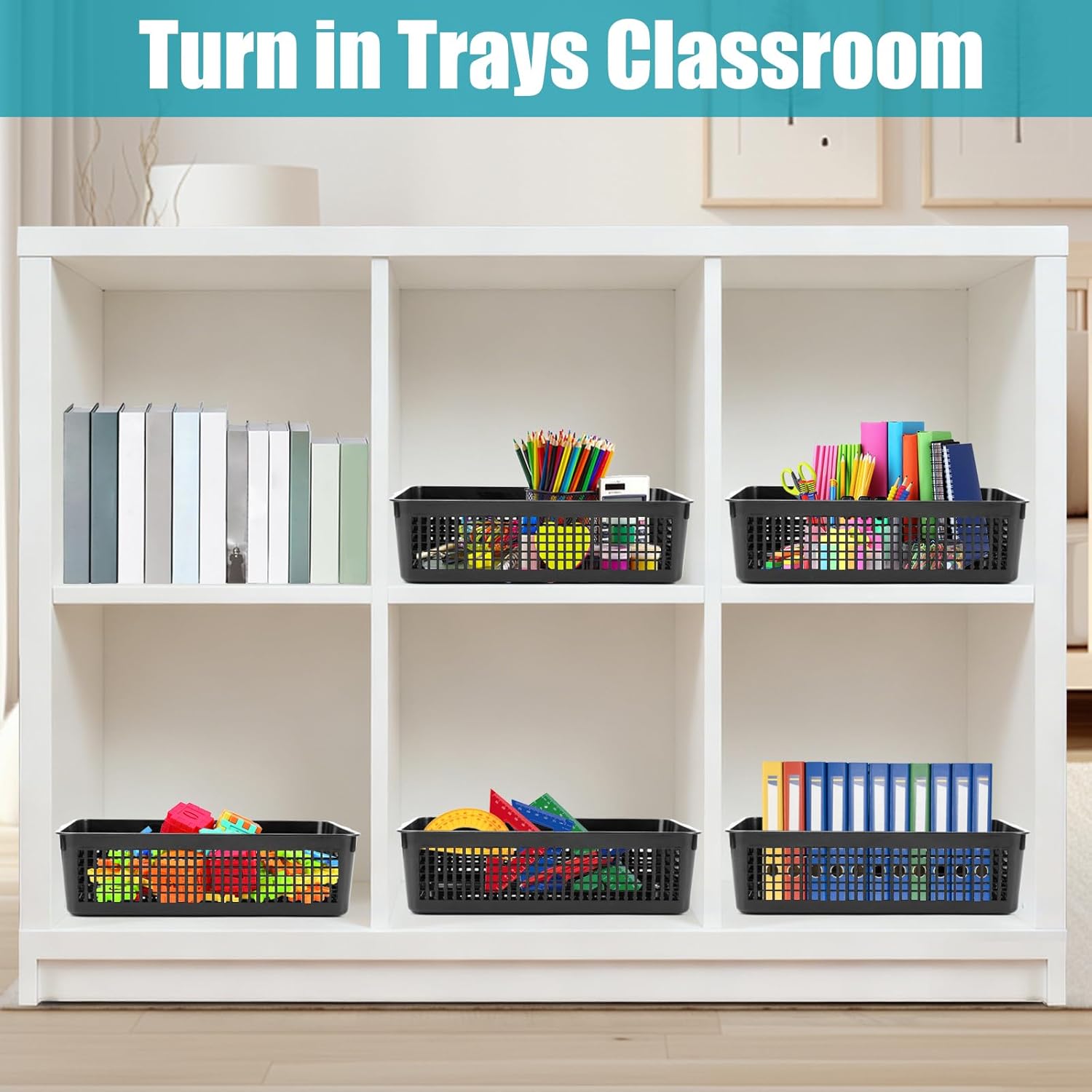 6 Pack Turn in Trays Classroom, A4 Size Plastic Paper Storage Tray, Paper Trays for Classroom, Plastic Storage Baskets for Library, Drawers, Home, Office, Bathroom, Kitchen(Black)