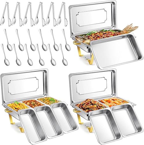 Jinei Juego de 3 platos de bufé de acero inoxidable con detalles dorados de 9 cuartos de galón con tamaño completo, tamaño medio, tercer tamaño con