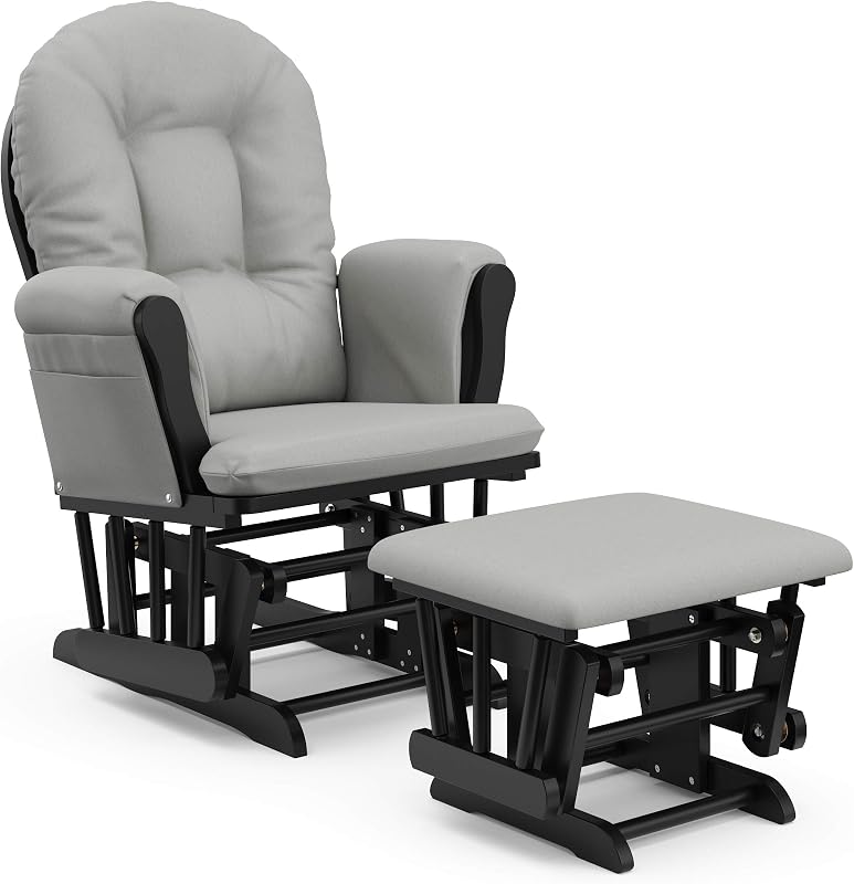 Premium Hoop Glider & Ottoman, Black with Light Gray | GREENGUARD Gold Certified, Solid Wood Craftsmanship, Convenient Storage Pockets, Glider Rocking Chair for Nursery