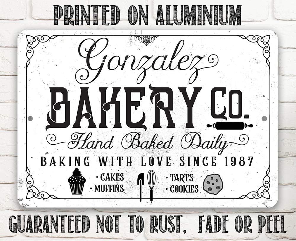 Personalized Bakery - Classic Bake Shop Decor, Business Wall Art Sign, Custom Family Name and Year Established, Gift for Bakers Pastry Chef, 8x12 or 12x8 Use Indoor or Outdoor Durable Metal Tin Sign